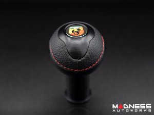 FIAT 500 Gear Shift Knob - Black Italy - Black Base/ Black Leather Top + Chrome ABARTH Logo - V2